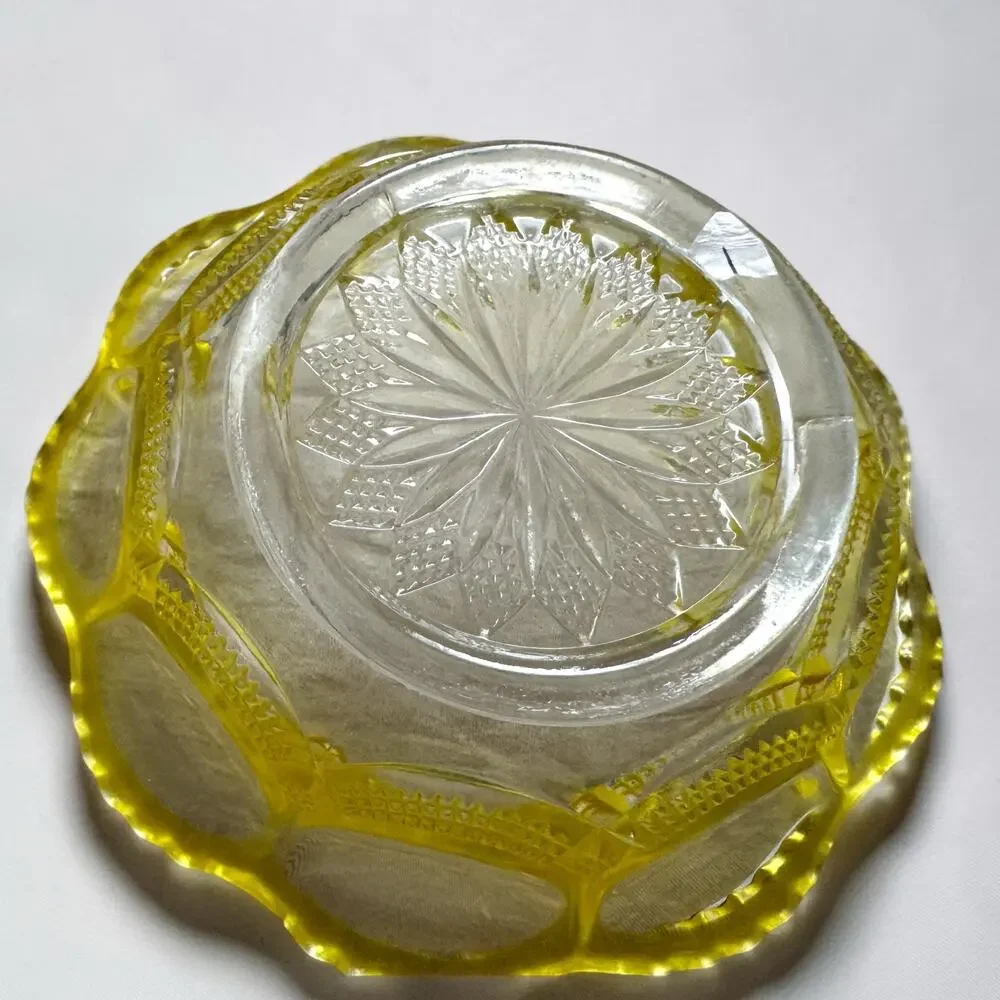 Set of 2 Yellow Pressed Glass Dessert Bowls | Scalloped Rim Clear Yellow Vintage